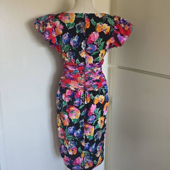 Vtg.1980s Floral Ruched Bodice Dress, Blk/Red Reverse Floral Prt. Ruffle Slv, S - Picture 6 of 7